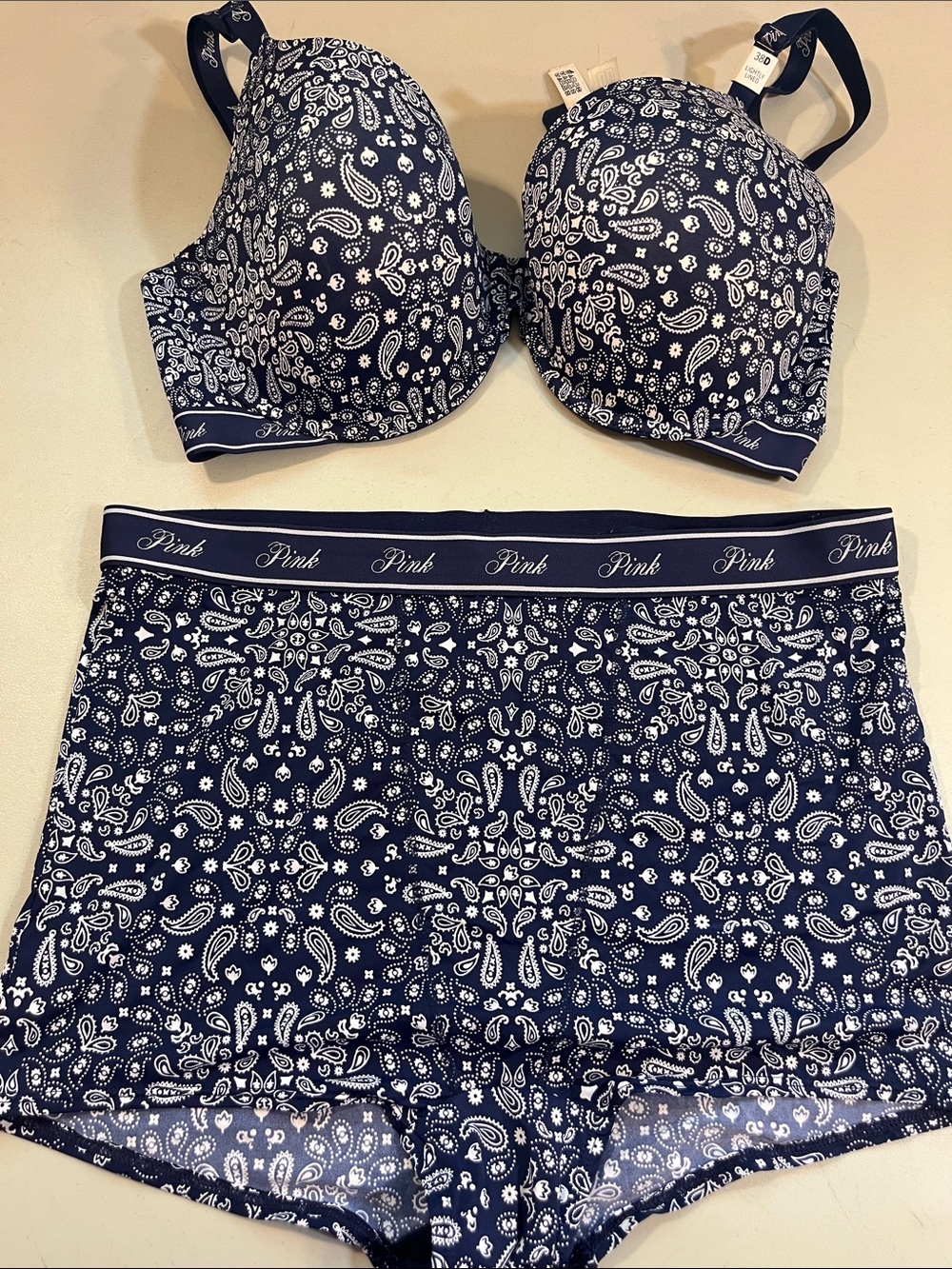 PINK Victoria's Secret Navy and White Paisley Bra & High-Waist Set